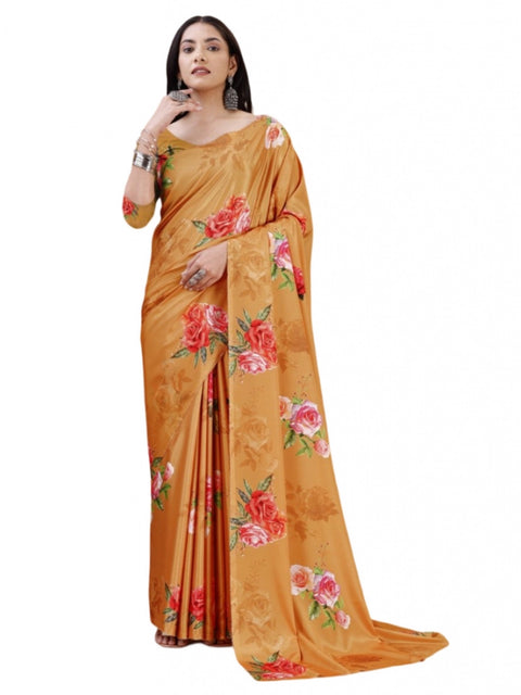 Women's Crepe Digital Print Saree With Unstitched Blouse 5.5Mtr (Mustard)