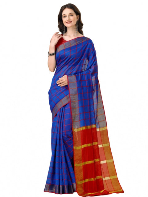 Women's Cotton Silk Checkered Saree With Unstitched Blouse 5.5Mtr (Blue)