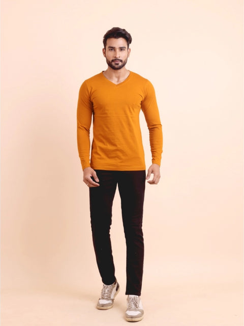Generic Men's Casual Cotton Solid V Neck Full Sleeve T-Shirt  (Mustard)