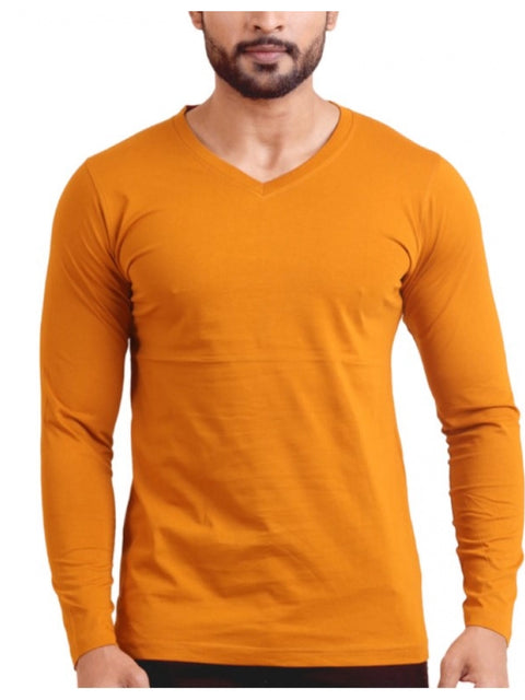Generic Men's Casual Cotton Solid V Neck Full Sleeve T-Shirt  (Mustard)