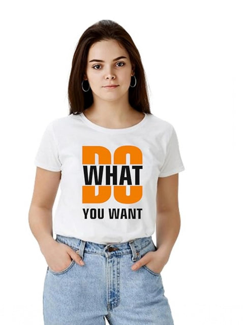 Generic Women's Polyester Solid Printed Round Neck Half Sleeve T-shirt (White)