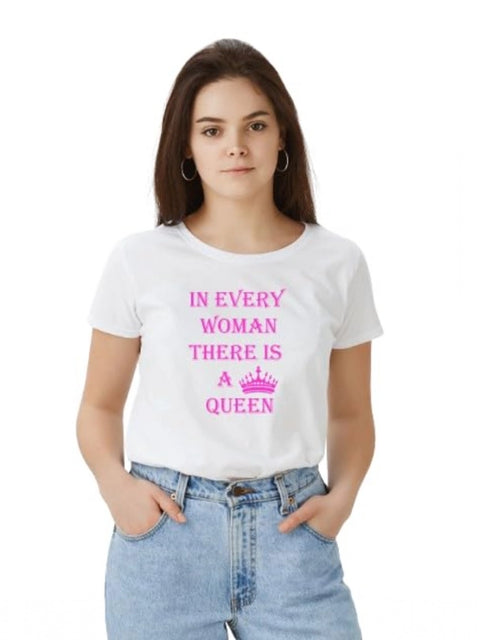 Generic Women's Polyester Solid Printed Round Neck Half Sleeve T-shirt (White)