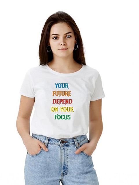 Generic Women's Polyester Solid Printed Round Neck Half Sleeve T-shirt (White)
