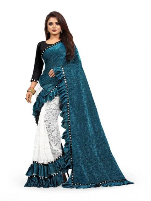 Women's Silk With Mirror Lace Solid Saree With Unstitched Blouse (Rama, 5-5 Mtrs)