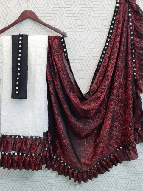 Women's Silk With Mirror Lace Solid Saree With Unstitched Blouse (Red, 5-5 Mtrs)