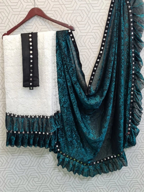 Women's Silk With Mirror Lace Solid Saree With Unstitched Blouse (Rama, 5-5 Mtrs)