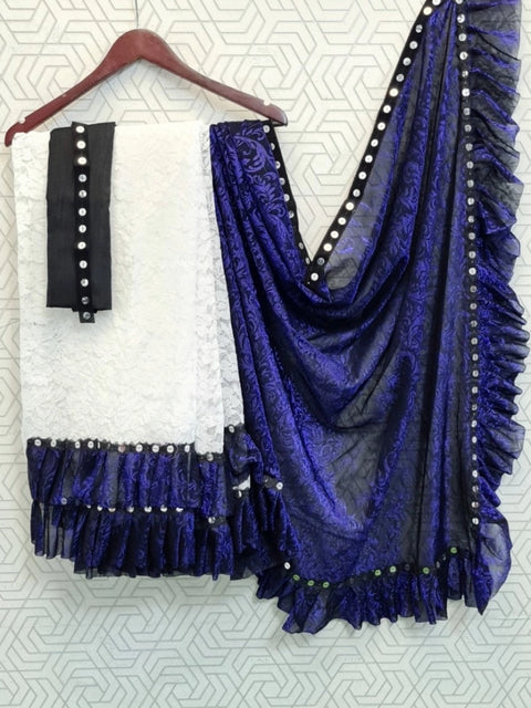 Women's Silk With Mirror Lace Solid Saree With Unstitched Blouse (Blue, 5-5 Mtrs)