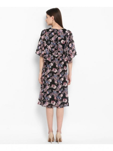 Women's Polyester Floral Short Sleeve Knee-Length Dress (Black - Multicolor)