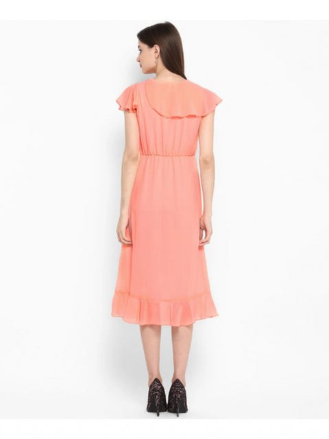 Women's Polyester Ruffled Cap Sleeve Below Knee Dress (Neon Pink)