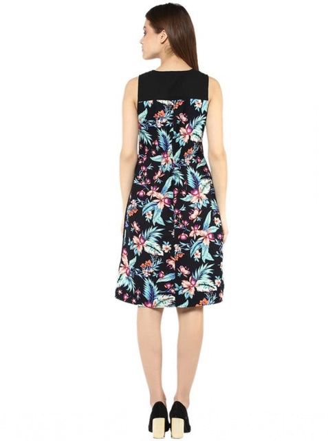 Women's Polyester Printed Sleeveless Above Knee Dress (Black - Multicolor)