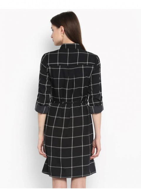 Women's Polyester Checkered Roll Up Sleeve Above Knee Dress (Black - White)