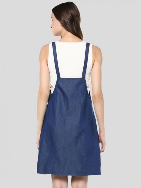 Women's Denim Solid Shoulder Straps Above Knee Dress (Blue)