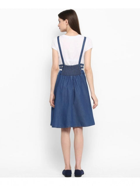 Generic Women's Denim Solid Shoulder Straps Below Knee Dress (Blue)