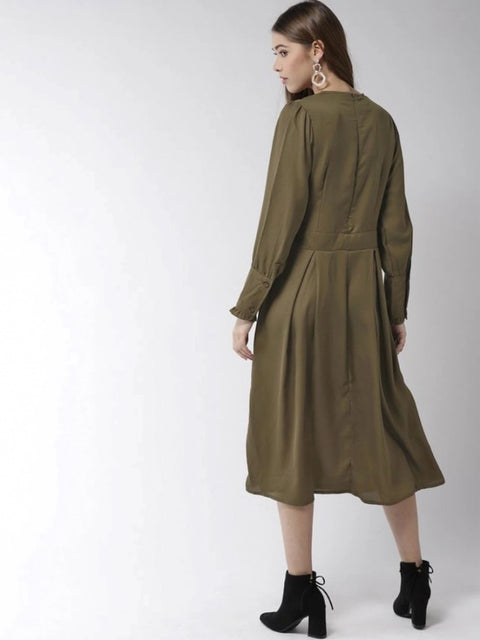 Generic Women's Polyester Pintuck Long Sleeves Below Knee Dress (Olive)