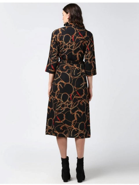 Generic Women's Polyester Chain Print Roll Up Sleeve Below Knee Dress (Black - Yellow)