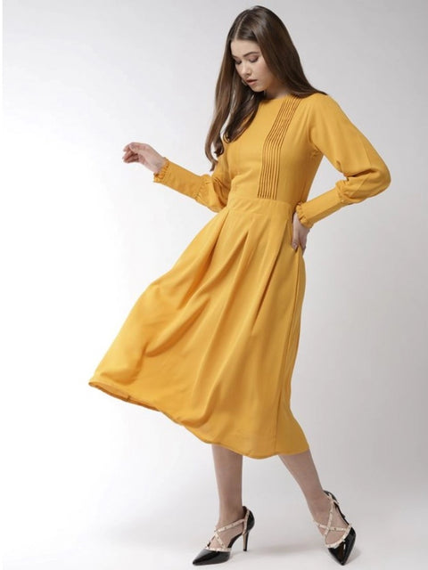 Generic Women's Polyester Pintuck Long Sleeves Below Knee Dress (Yellow)