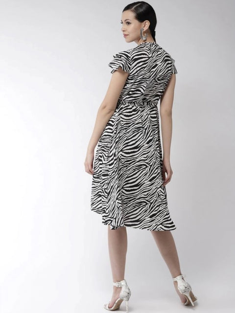 Generic Women's Polyester Animal Print Short Sleeve Knee-Length Dress (Black - White)