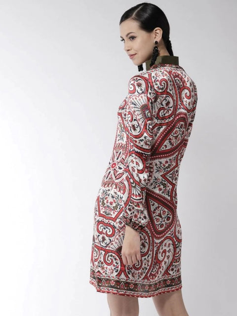 Generic Women's Polyester Printed Long Sleeves Above Knee Dress (Red)
