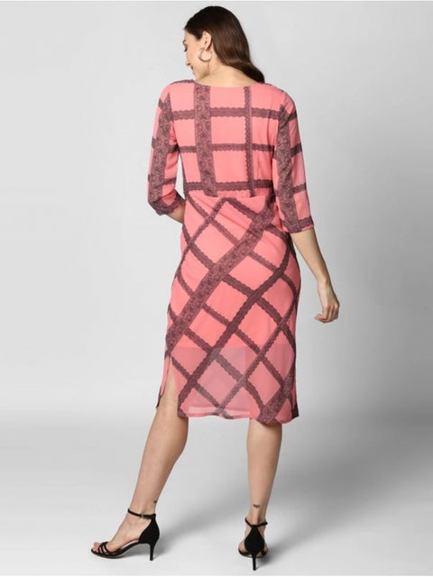 Generic Women's Polyester Checkered 3-4th Sleeves Below Knee Dress (Pink - Black)