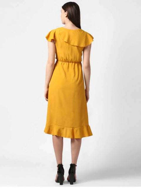 Generic Women's Polyester Ruffled Cap Sleeve Knee-Length Dress (Yellow)
