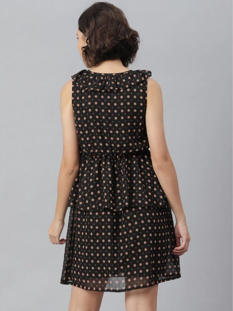 Generic Women's Polyester Peplum Sleeveless Above Knee Dress (Black)