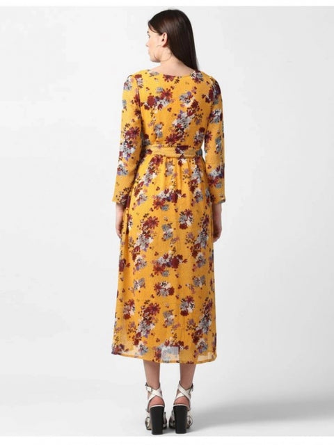 Generic Women's Polyester Floral Long Sleeves Calf-length Dress (Yellow)