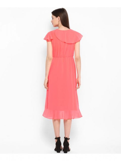 Women's Polyester Ruffled Cap Sleeve Below Knee Dress (Coral Pink)