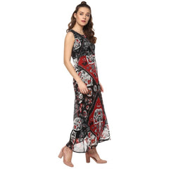 Generic Women's Polyester Printed Sleeveless Dress (Red - Black)