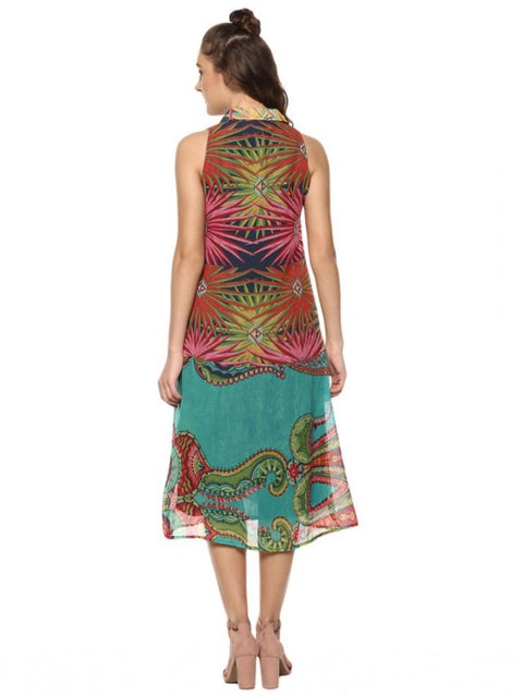 Women's Polyester Floral Sleeveless Below Knee Dress (Multicolor)