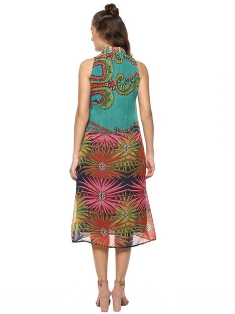 Women's Polyester Floral Sleeveless Below Knee Dress (Multicolor)