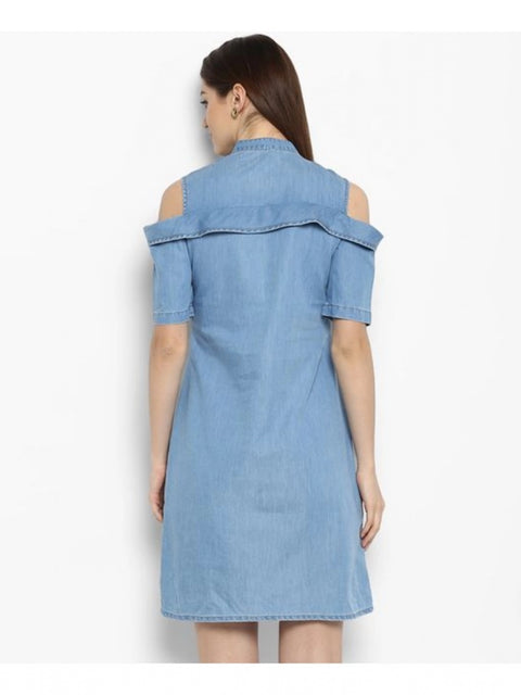 Generic Women's Denim Solid Cold Shoulder Above Knee Dress (Blue)