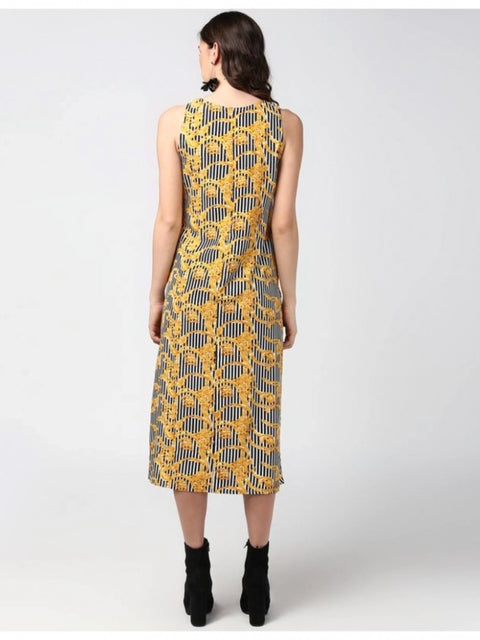 Generic Women's Polyester Chain Print Sleeveless Below Knee Dress (Yellow - Black)