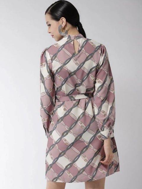 Generic Women's Polyester Checkered Long Sleeves Above Knee Dress (Off White - Lavender)