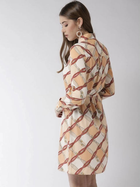 Generic Women's Polyester Printed Roll Up Sleeve Above Knee Dress (Off White - Brown)