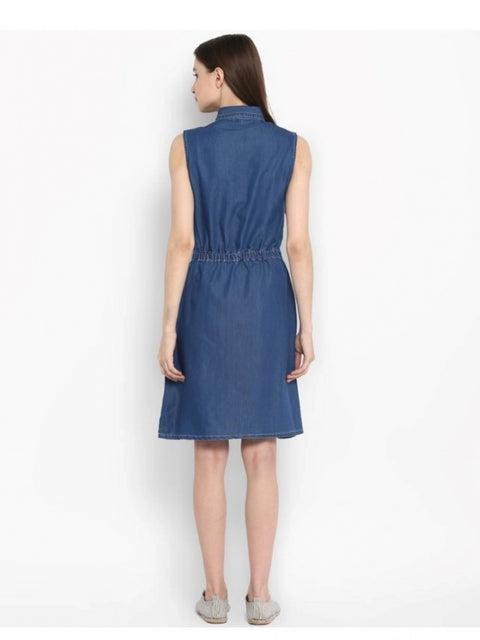 Generic Women's Denim Solid Sleeveless Above Knee Dress (Blue)