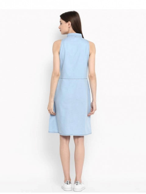 Women's Denim Solid Sleeveless Below Knee Dress (Blue)