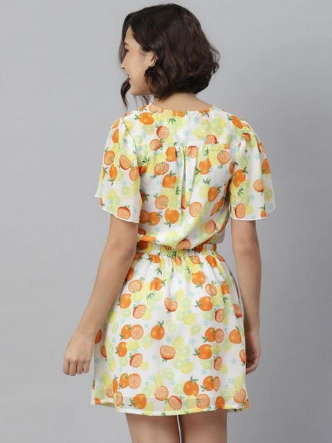 Generic Women's Polyester Printed Flutter Above Knee Dress (Orange - Yellow)