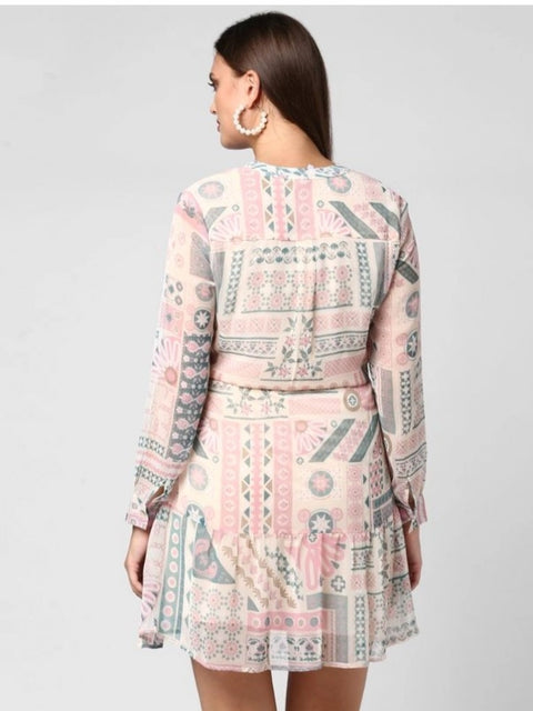 Generic Women's Polyester Printed Long Sleeves Above Knee Dress (Light Pink - Off White)
