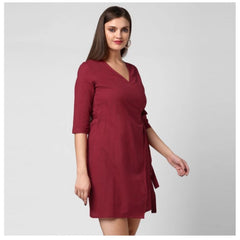 Generic Women's Cotton Solid 3-4th Sleeves Above Knee Dress (Maroon)