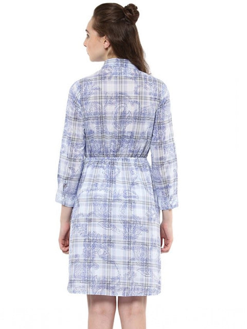 Women's Cotton Checkered Roll Up Sleeve Above Knee Dress (Blue)