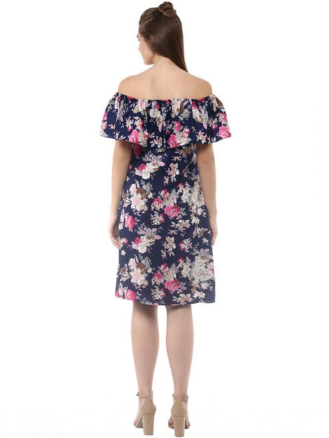 Women's Polyester Crepe Floral Half Sleeve Above Knee Dress (Navy Blue)