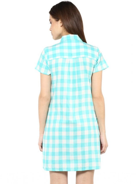 Women's Rayon Checkered Short Sleeve Above Knee Dress (SkuBlue - White)