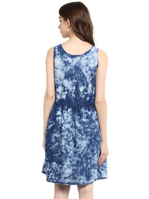 Women's Denim Tie & Dye Sleeveless Above Knee Dress (Blue)