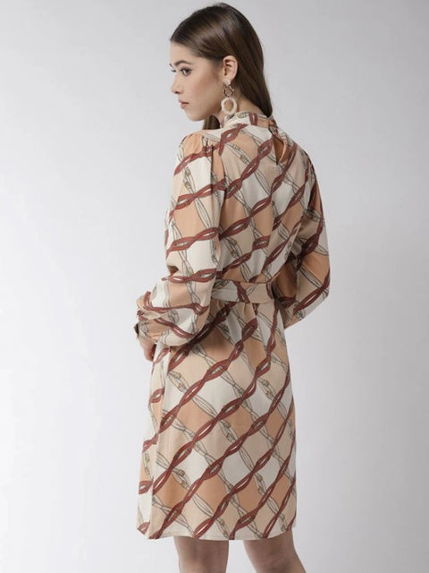 Generic Women's Polyester Checkered Long Sleeves Above Knee Dress (Off White - Brown)