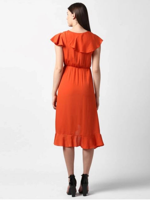 Generic Women's Polyester Ruffled Cap Sleeve Knee-Length Dress (Orange)