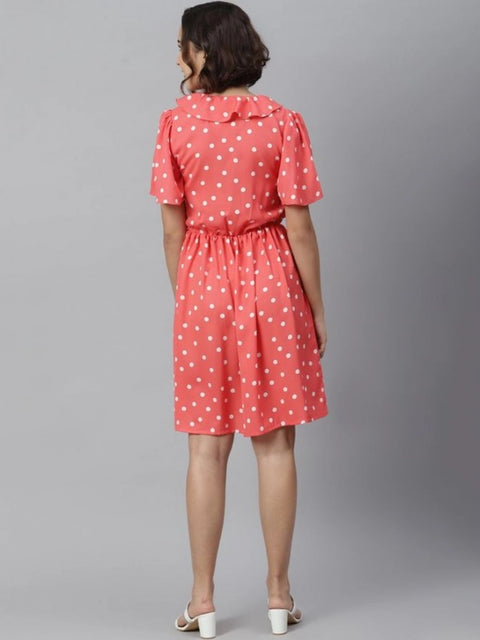 Generic Women's Polyester Polka Flutter Above Knee Dress (Coral)