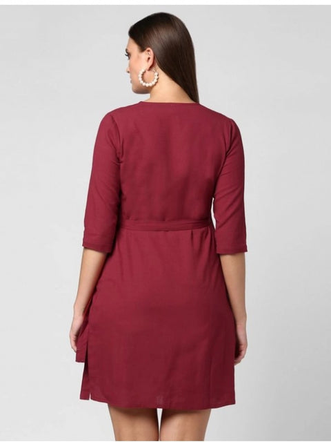 Generic Women's Cotton Solid 3-4th Sleeves Above Knee Dress (Maroon)