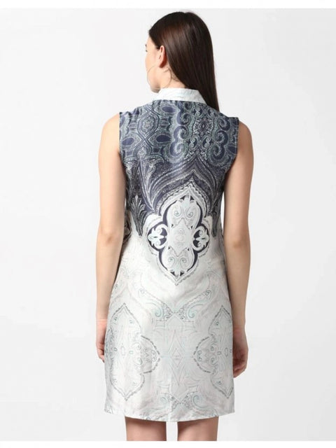 Generic Women's Polyester Printed Sleeveless Above Knee Dress (Blue)