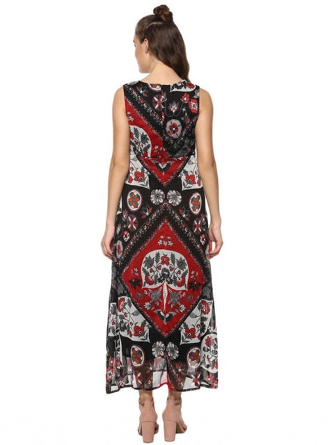 Women's Polyester Printed Sleeveless Dress (Red - Black)