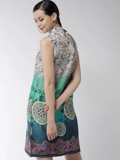 Generic Women's Polyester Printed Sleeveless Above Knee Dress (Multicolor)
